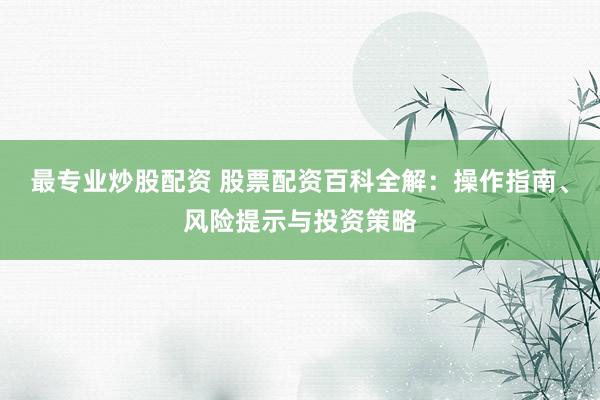 最专业炒股配资 股票配资百科全解：操作指南、风险提示与投资策略