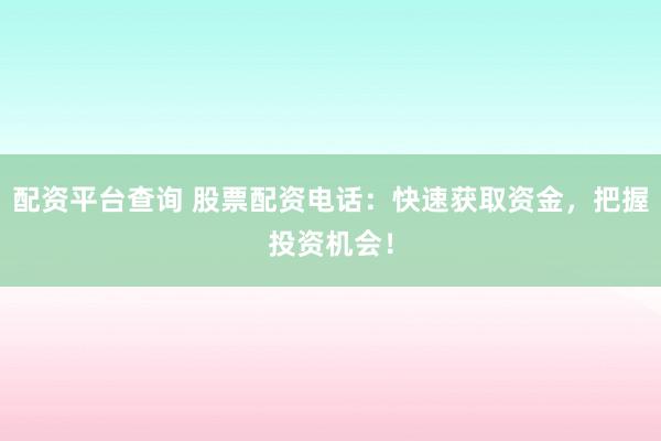 配资平台查询 股票配资电话：快速获取资金，把握投资机会！